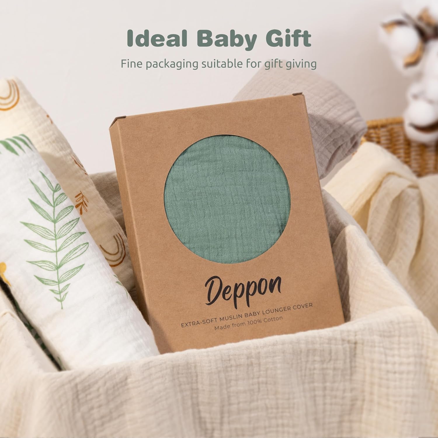 Muslin Baby Lounger Cover 2 Pack – Organic Cotton (Roman Green & Leaves)