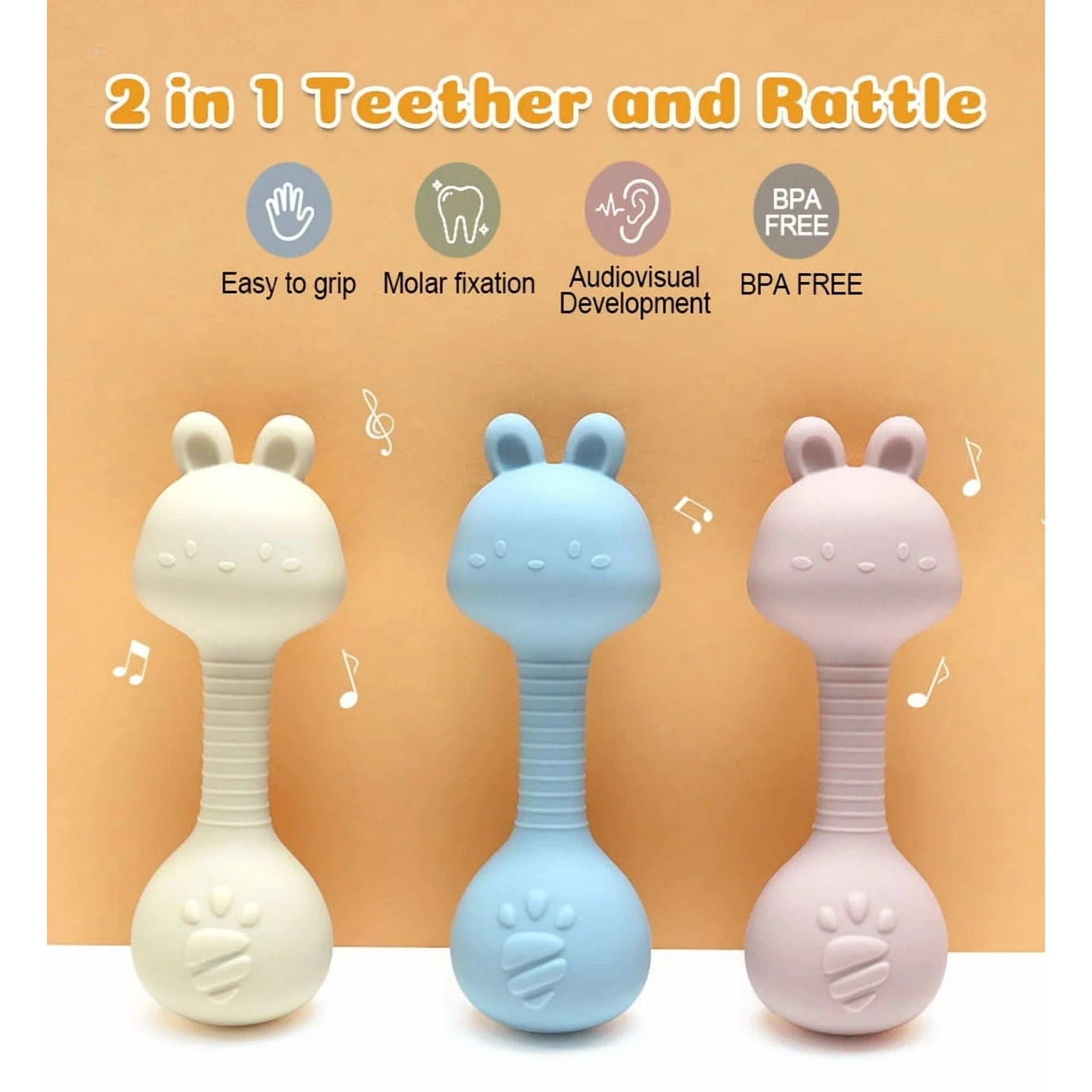 HippoBaby Silicone Soft Gentle Sound Bunny Rattle Teether