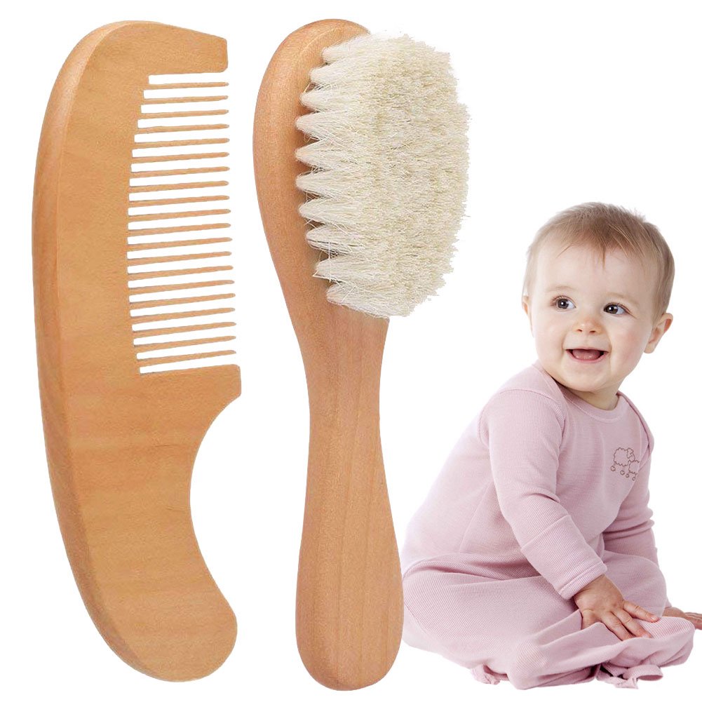 Pure Natural Wool Baby Small Wooden Brush & Comb Hair Brush Set
