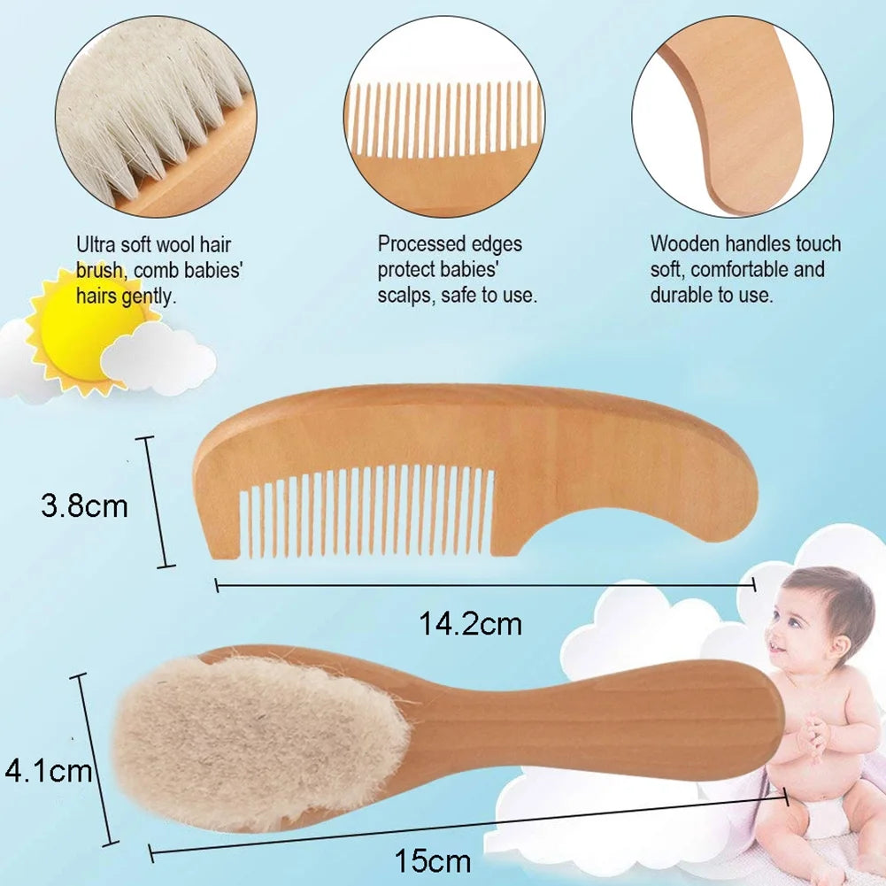 Pure Natural Wool Baby Small Wooden Brush & Comb Hair Brush Set
